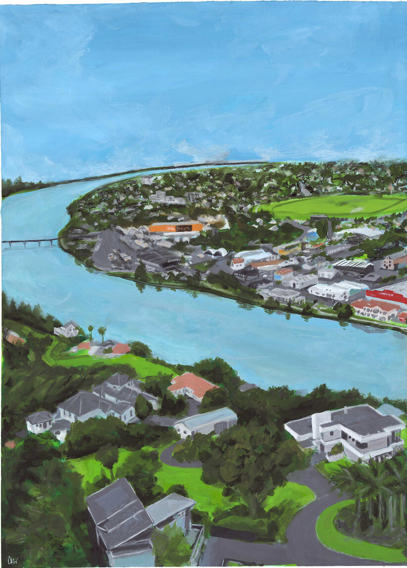 Whanganui View, 2024. Gouache on watercolour paper. Triptych.