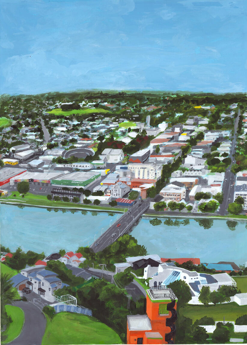 Whanganui View, 2024. Gouache on watercolour paper. Triptych.