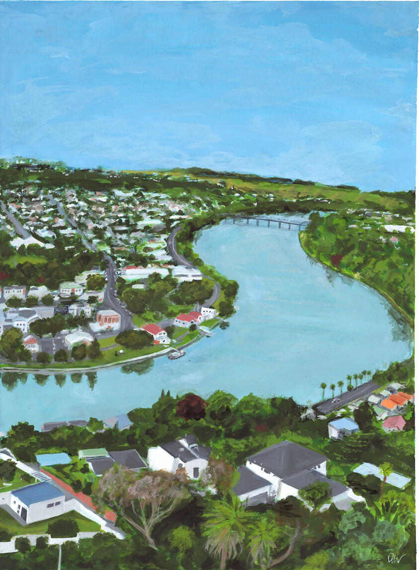 Whanganui View, 2024. Gouache on watercolour paper. Triptych.
